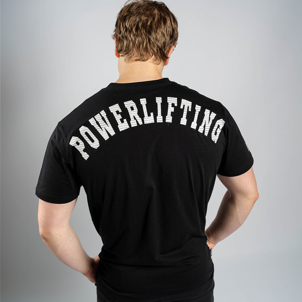 Playera con diseño de powerlifting en la espalda